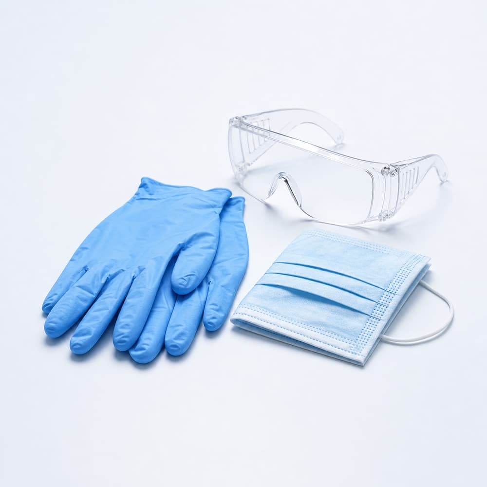 Nitrile exam gloves, surgical mask, and safety glasses.