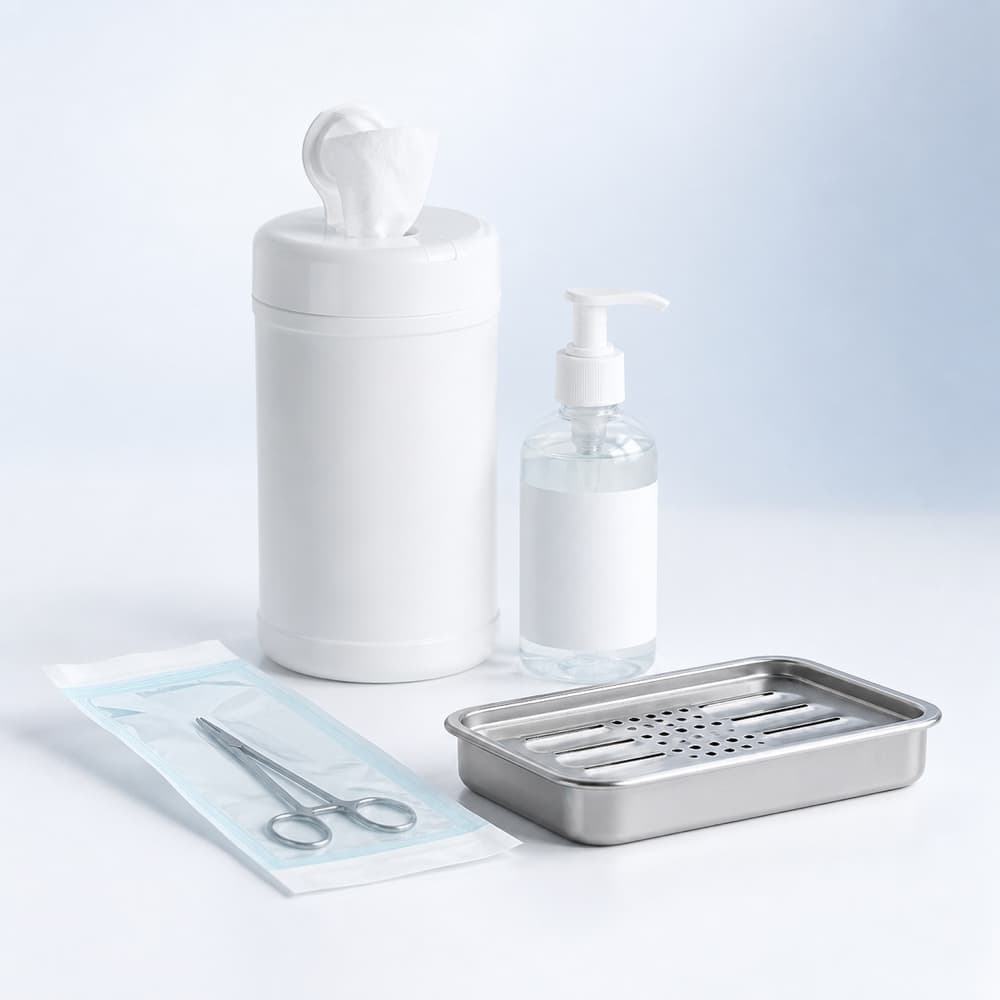 Disinfectant wipes, sanitizer, sterile pouch, and instrument tray.