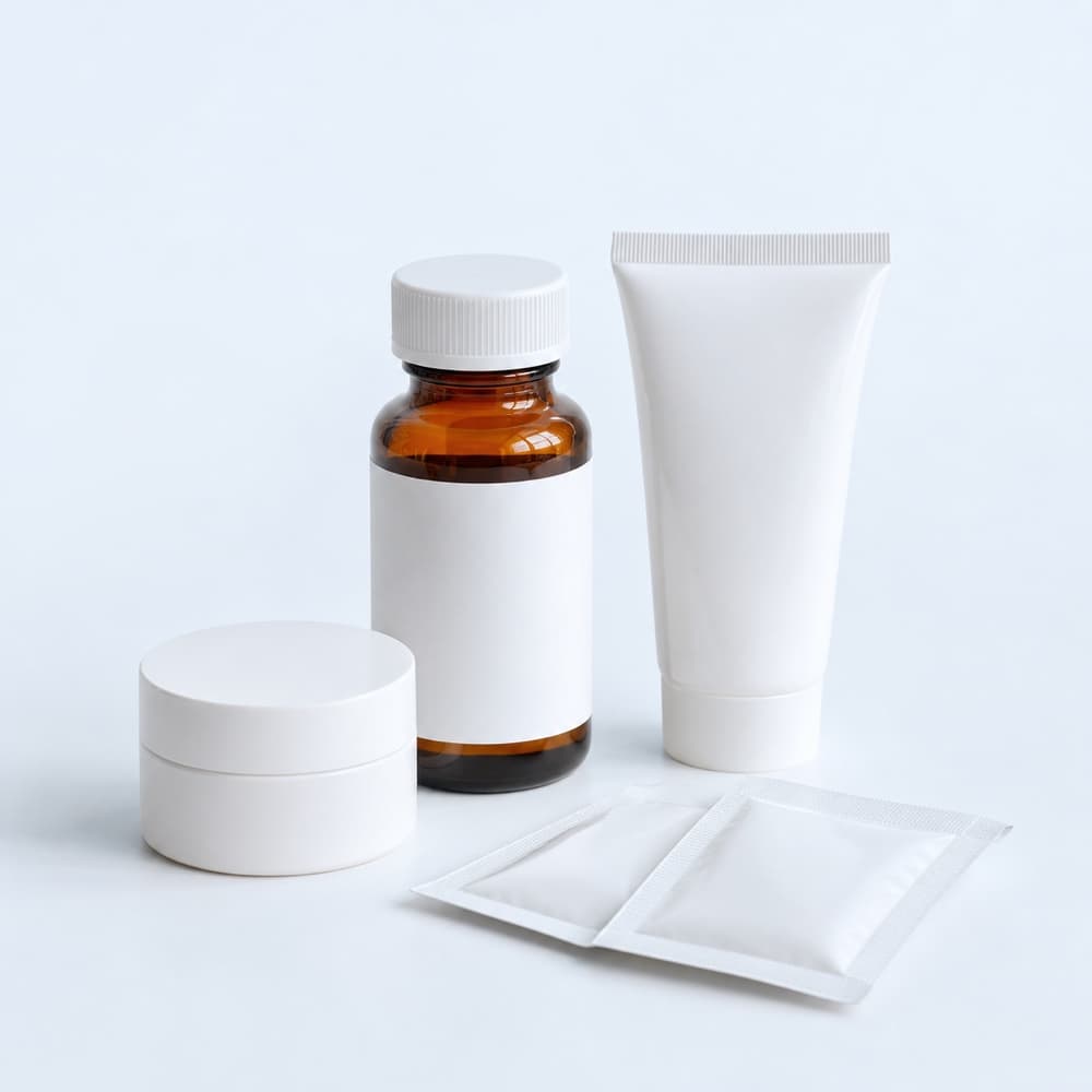Medication bottle, topical tube, cream jar, and packets.