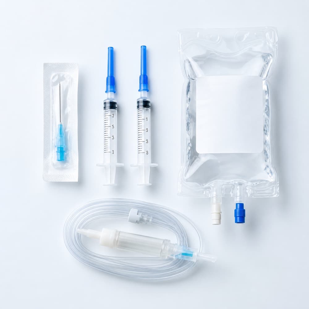 Capped syringes, IV bag, and infusion tubing.