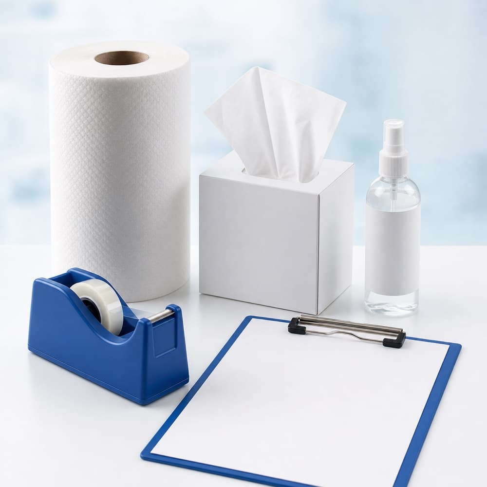 Paper products, clipboard, tape, and facility spray bottle.