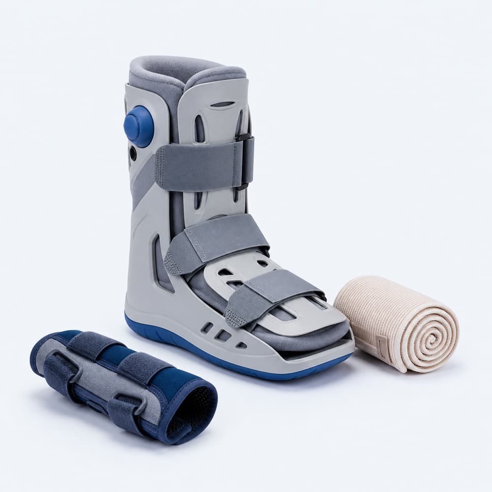 Orthopedic walking boot, wrist brace, and support wrap.