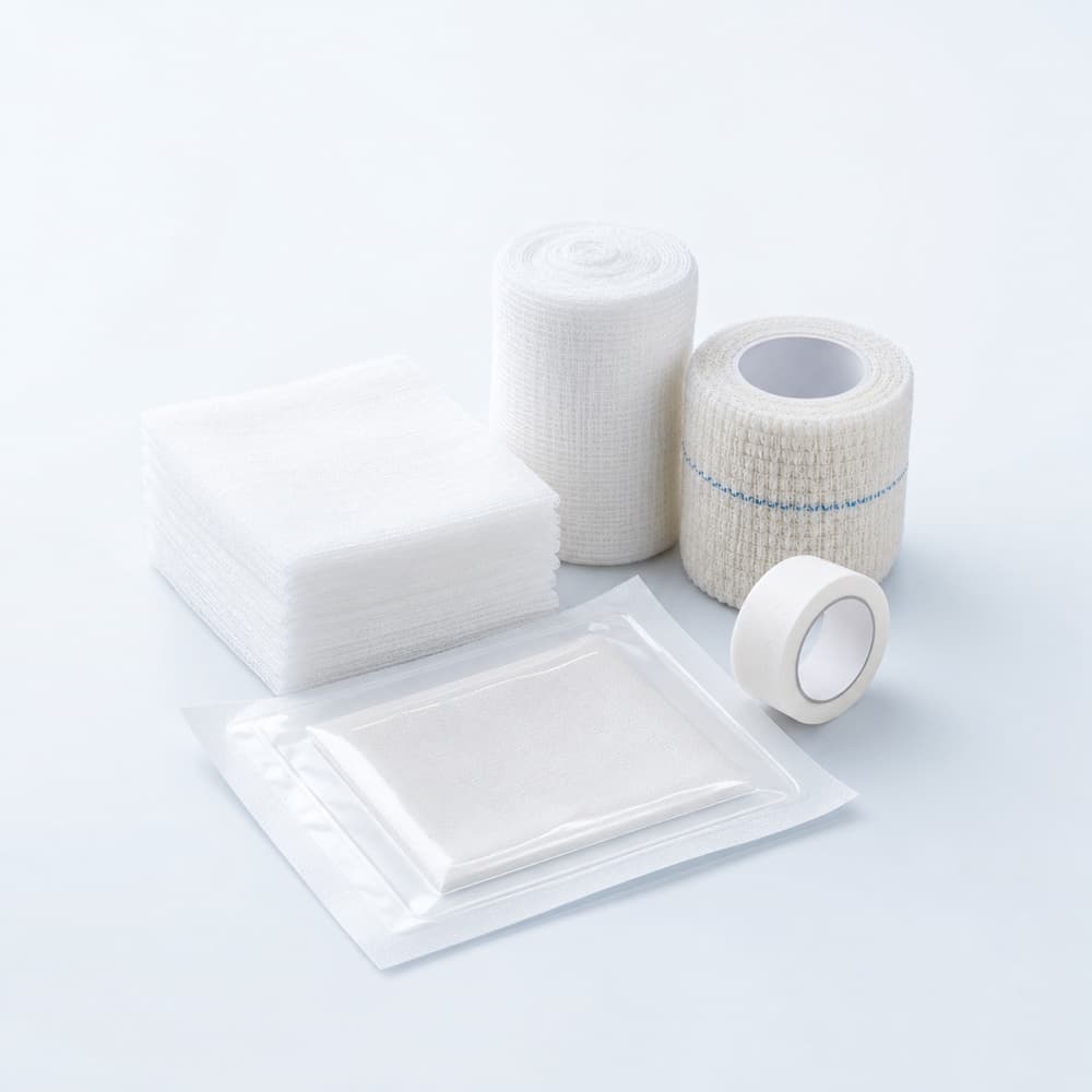 Gauze, dressings, wraps, and medical tape.